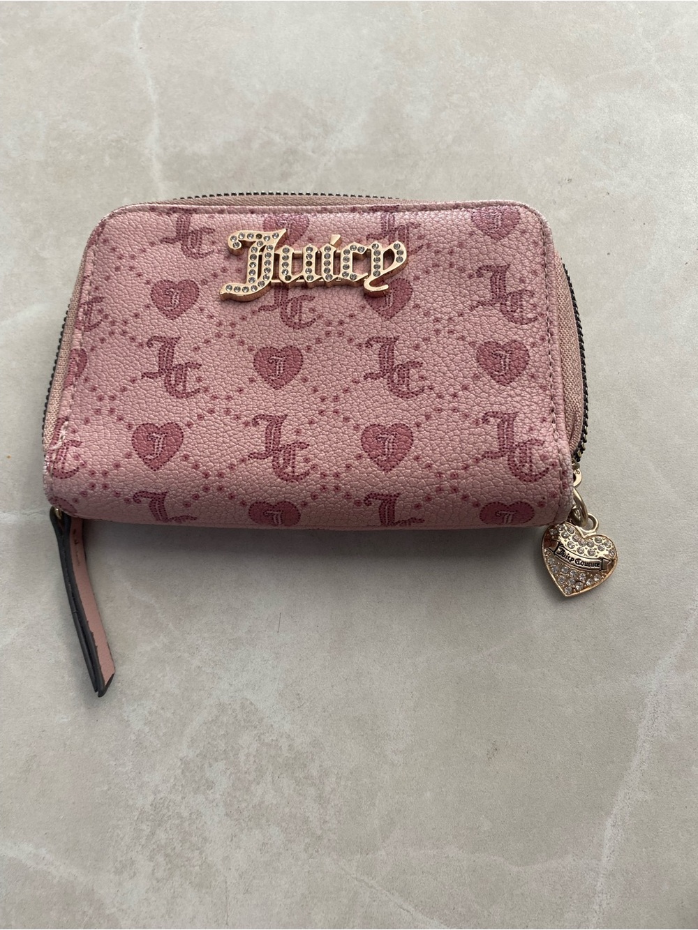 Juicy Couture Dusty Rose Logo Heart Zip Wallet with Gold Accents